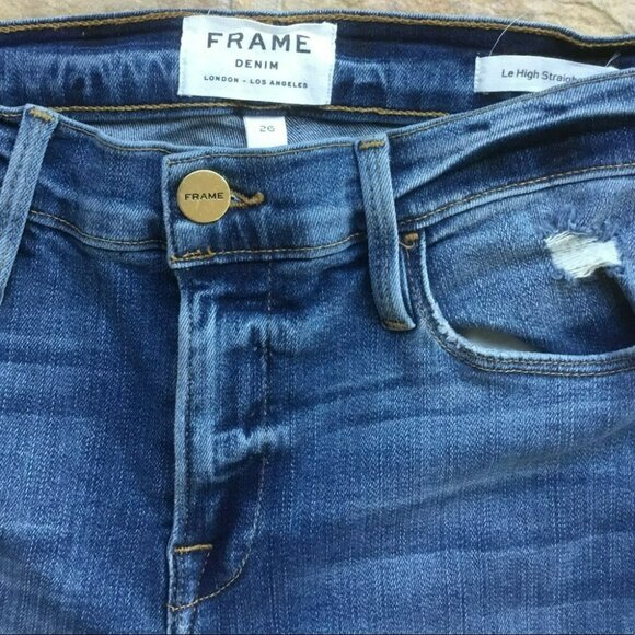 Frame Denim Le High Straight Jeans Size 26 Medium Wash Distressed Raw Hem Made I - Picture 5 of 7